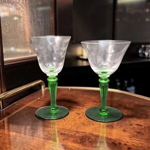 Tiffin Green Stem Cordials, Set of 2, Optic Design Liqueur‎ Glasses, Cocktails
